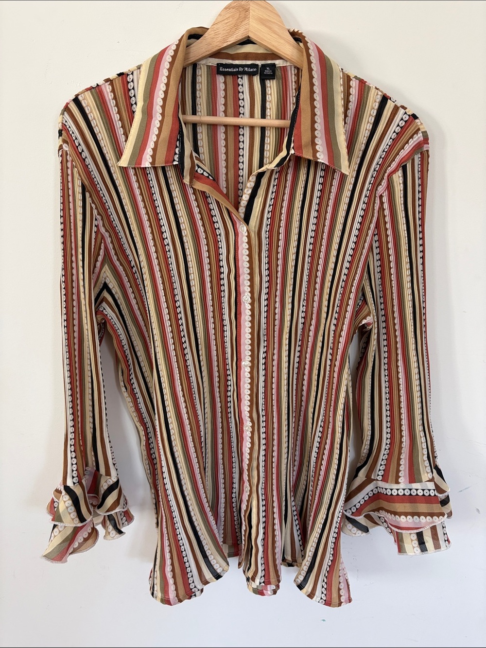 Essentials by Milano Multi-Stripe Button-Up Blouse in Rust, Tan, Cream & Black